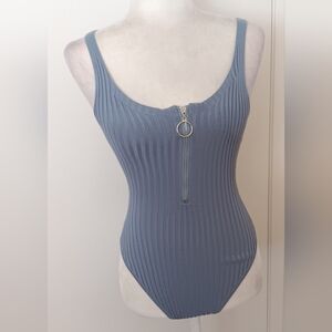Stylish Blue Ribbed Zip-Up Bodysuit